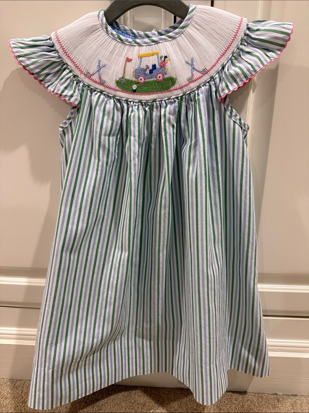 Anavini Green & Blue Striped Girls' Dress with Golf Smocked Yoke